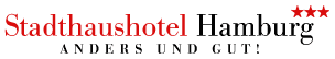 Logo des Hotels: Drei Sterne und der Schriftzug Stadthaushotel Hamburg – anders und gut!